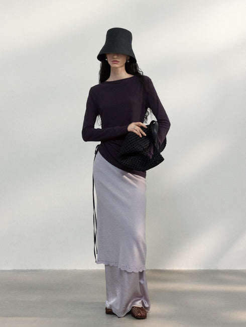 Pullover in lino color sabbia con ruches
