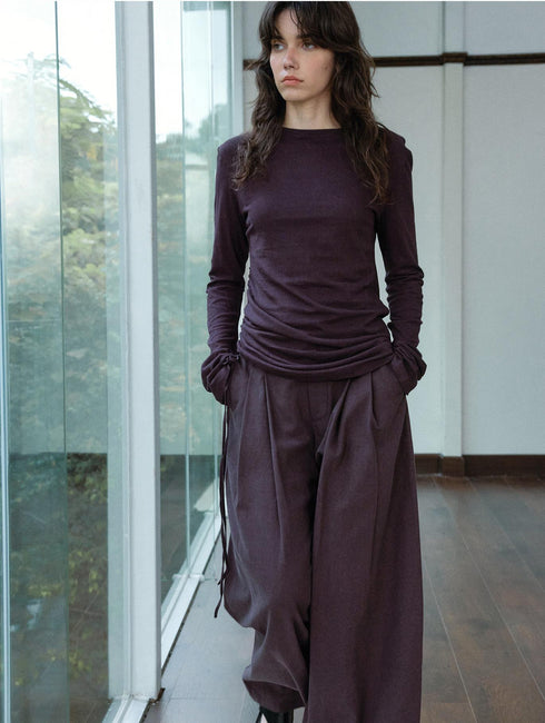 Pullover in lino color sabbia con ruches