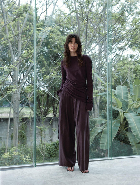 Pullover in lino color sabbia con ruches