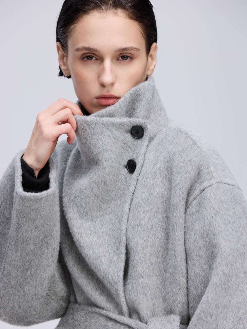 High-Neck Belted Wool Coat
