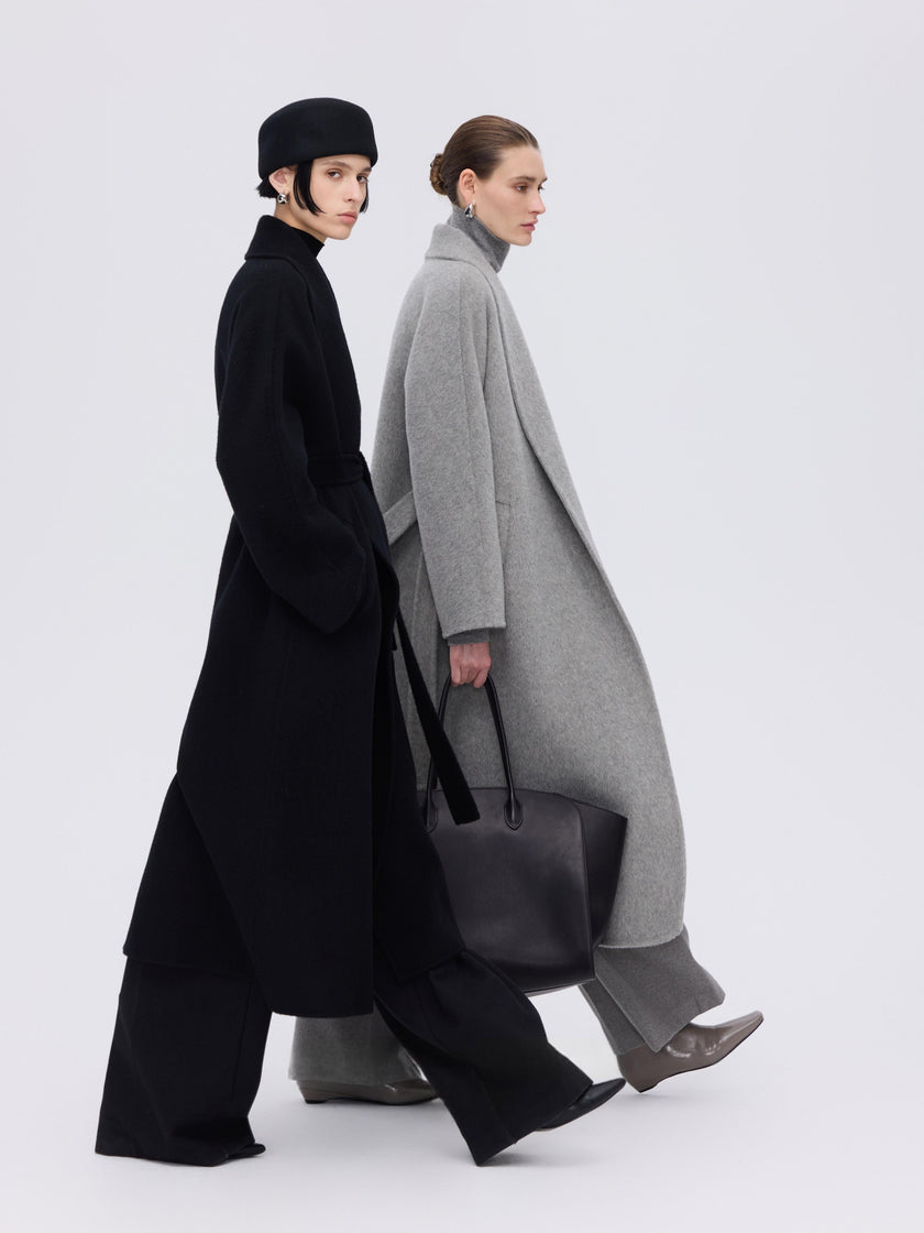 Manteau enveloppant en laine et chameau