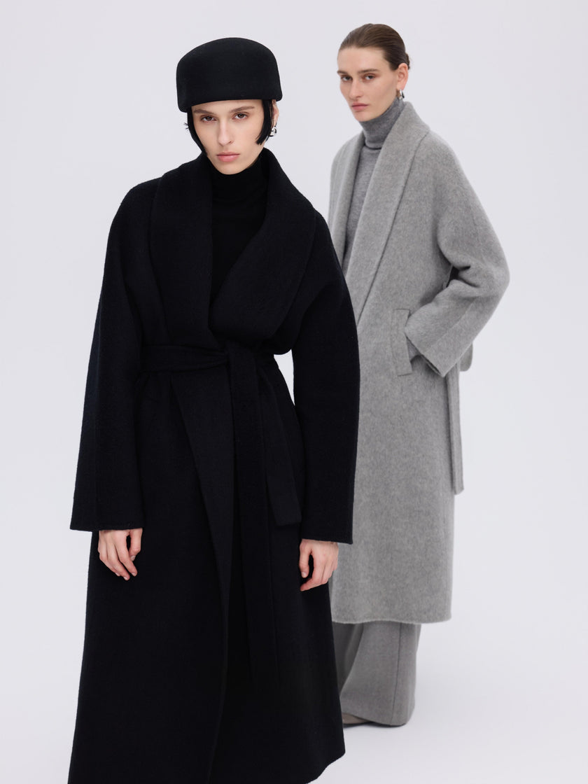 Manteau enveloppant en laine et chameau