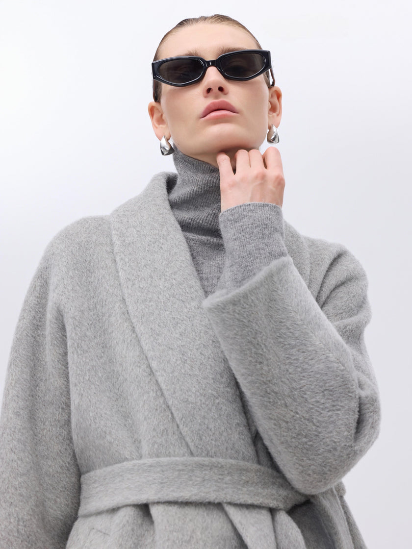 Manteau enveloppant en laine et chameau