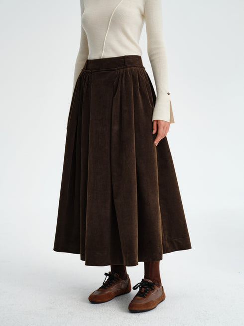 Pleated Corduroy–Cashmere Skirt