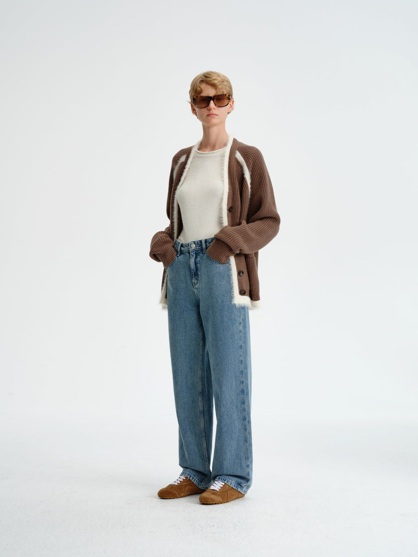 Cardigan en laine avec bordure en fausse fourrure