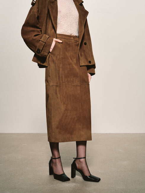 Suede Column Midi Skirt