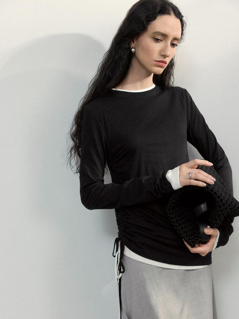 Pullover in lino color sabbia con ruches