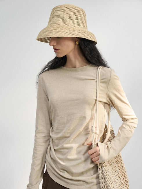 Pullover in lino color sabbia con ruches