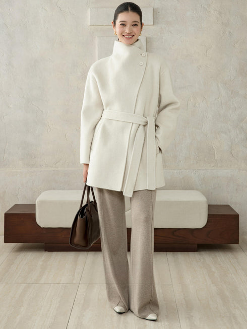 High-Neck Belted Wool Coat