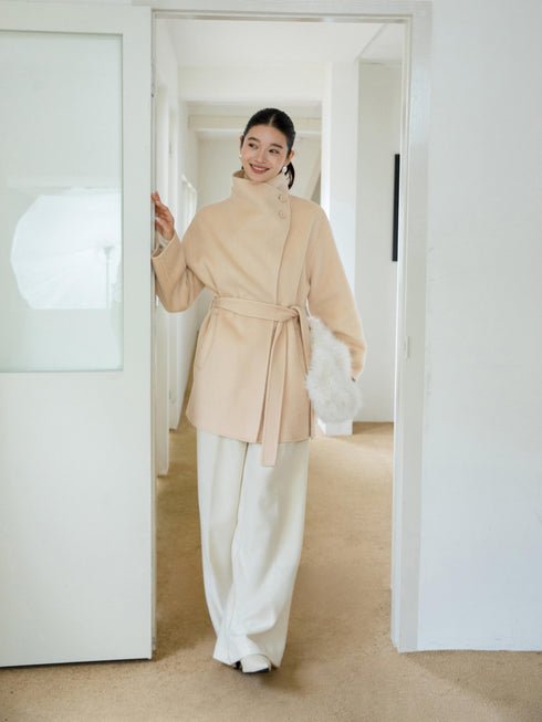 High-Neck Belted Wool Coat