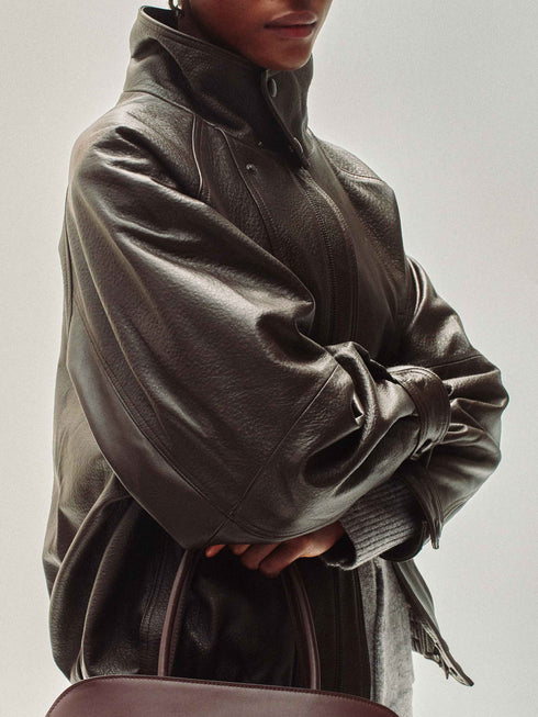 High-Neck Veste en Cuir de Nouvelle-Zélande