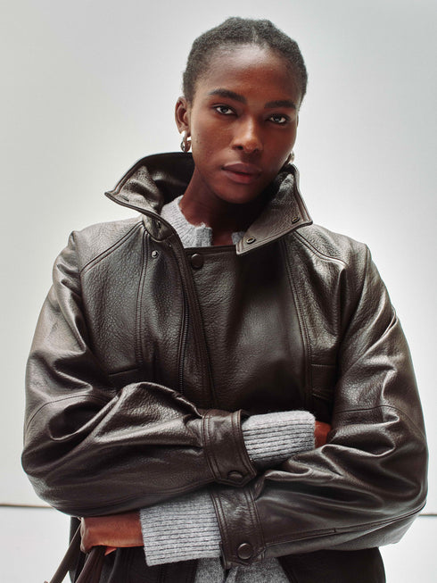 High-Neck Veste en Cuir de Nouvelle-Zélande