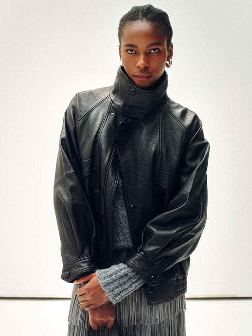 High-Neck Veste en Cuir de Nouvelle-Zélande