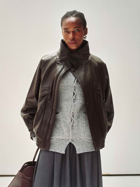 High-Neck Veste en Cuir de Nouvelle-Zélande