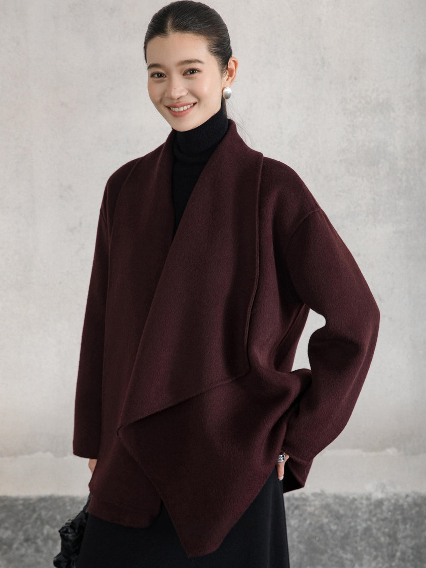 Manteau enveloppant en laine et chameau