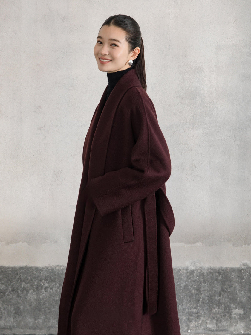 Manteau enveloppant en laine et chameau
