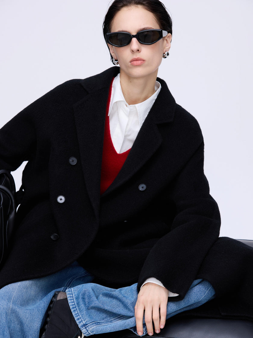 Manteau en laine camel à double boutonnage