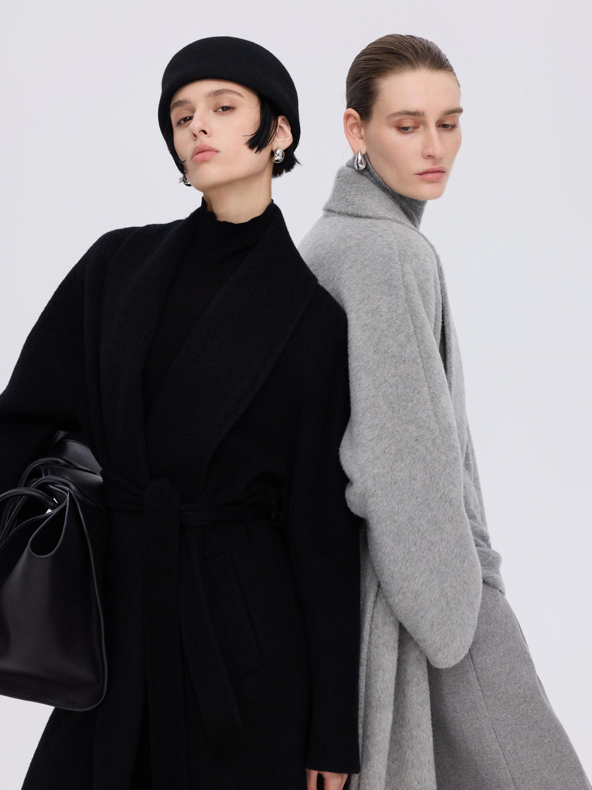 Manteau enveloppant en laine et chameau