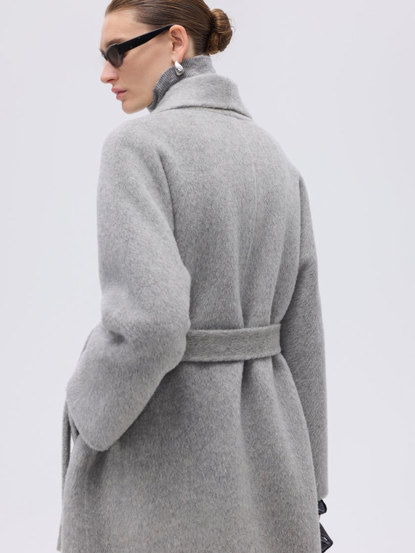 Manteau enveloppant en laine et chameau