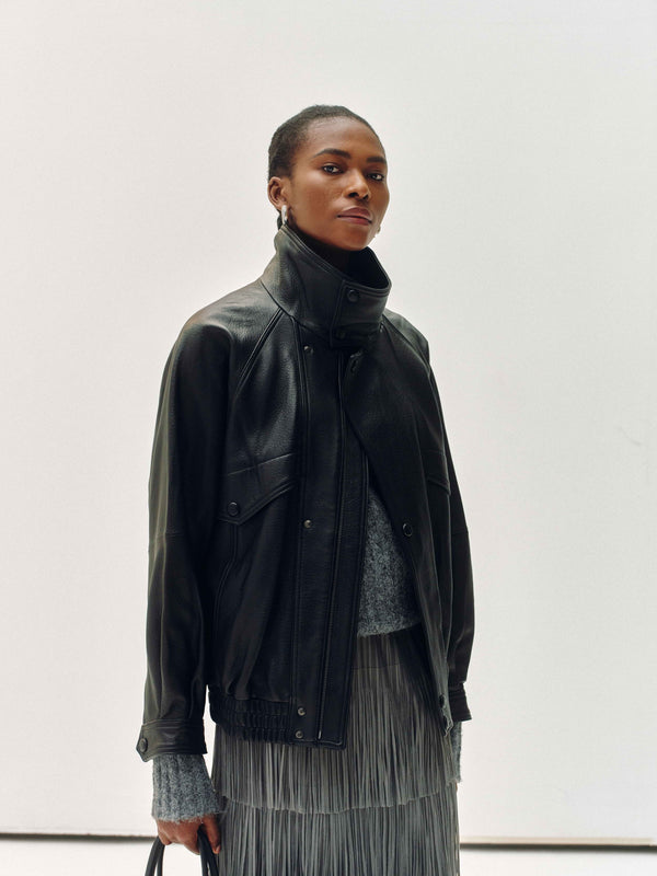 High-Neck Veste en Cuir de Nouvelle-Zélande