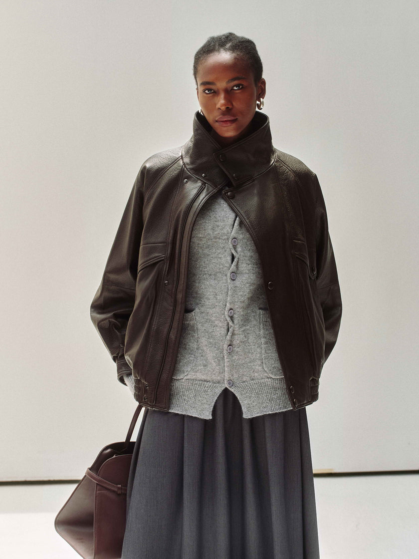 High-Neck Veste en Cuir de Nouvelle-Zélande