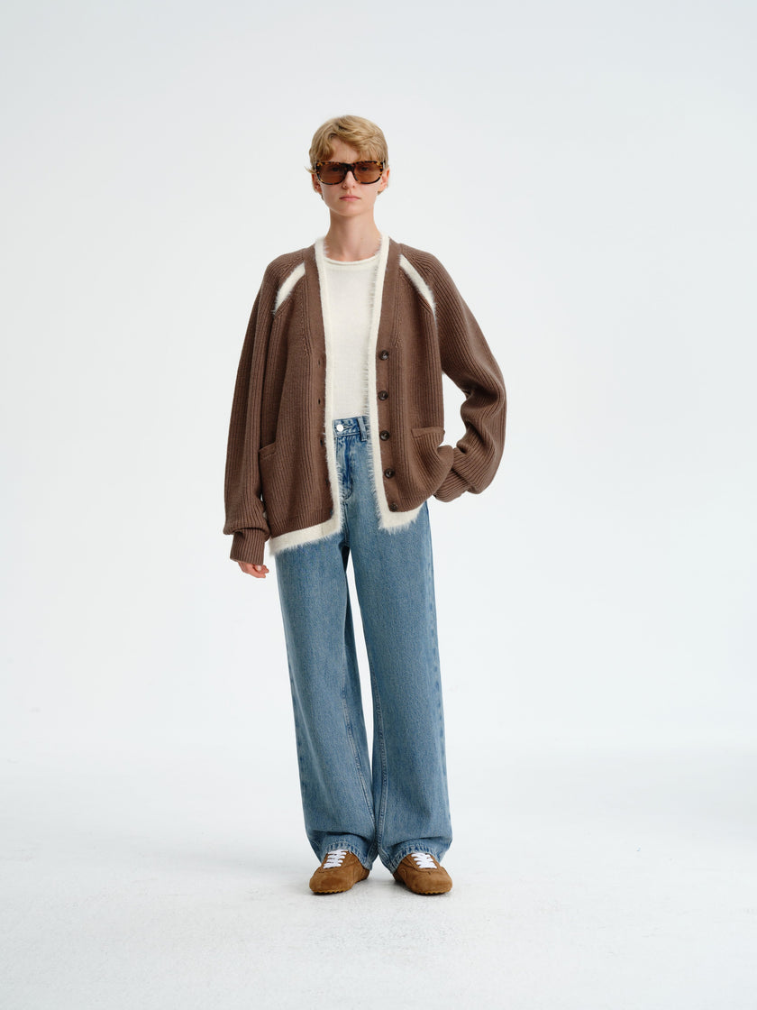 Cardigan en laine avec bordure en fausse fourrure