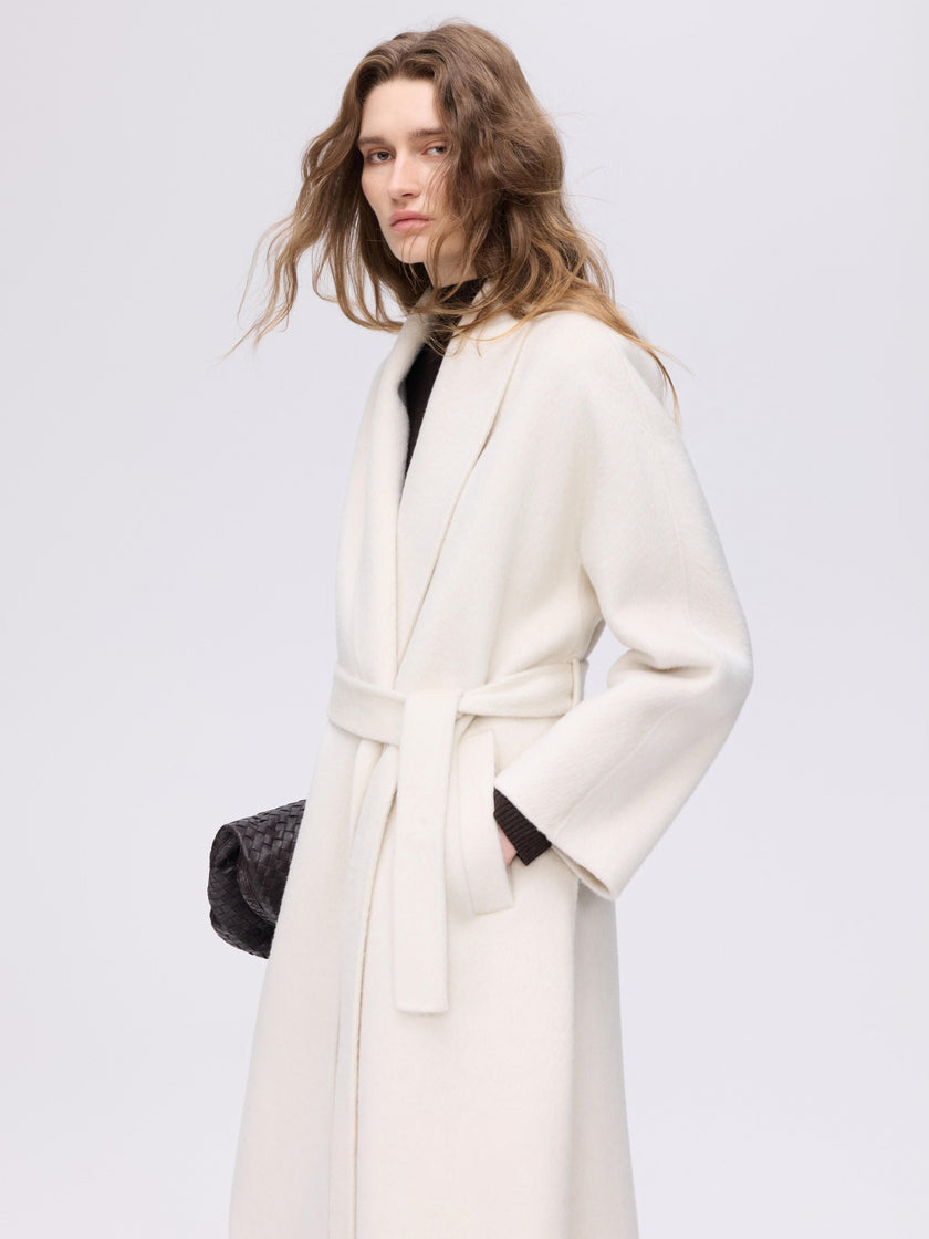 Manteau enveloppant en laine et chameau