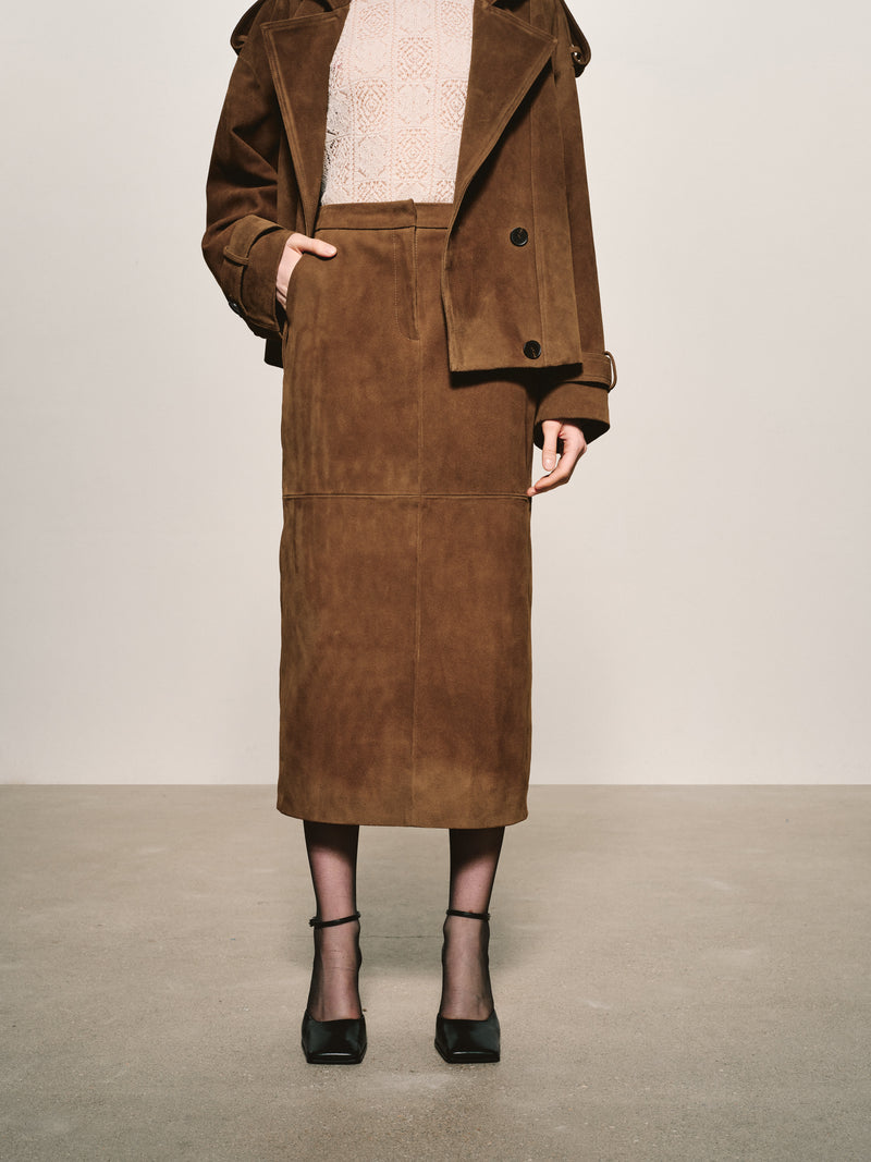 Suede Column Midi Skirt