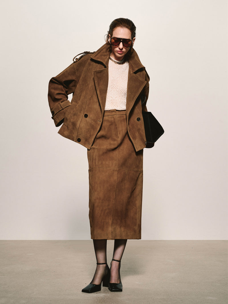 Suede Column Midi Skirt