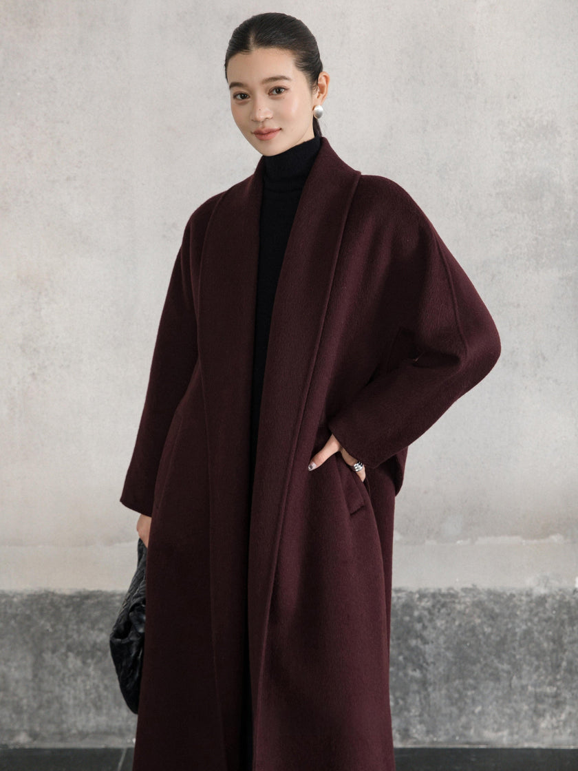 Manteau enveloppant en laine et chameau