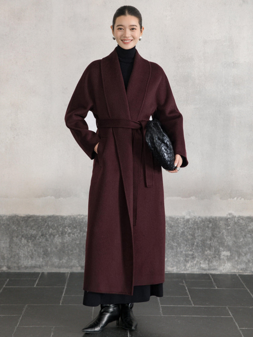 Manteau enveloppant en laine et chameau