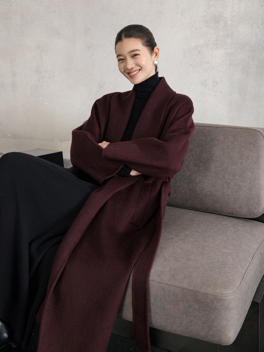 Manteau enveloppant en laine et chameau