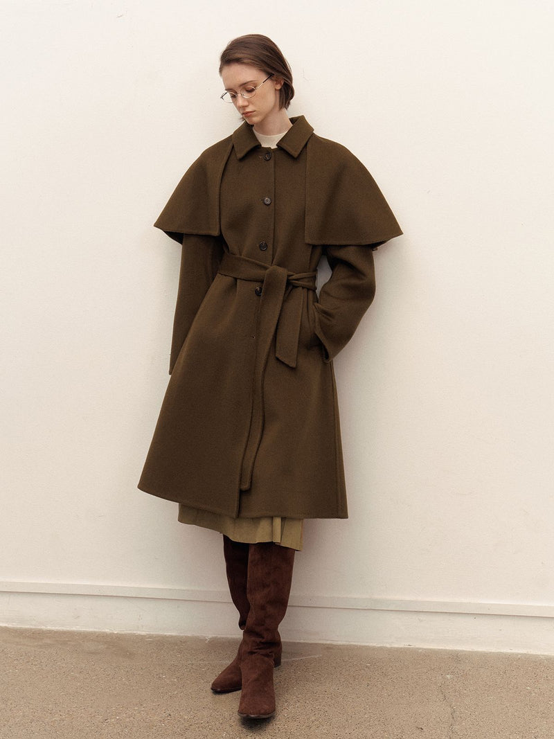 Orelle Wool Cape Coat — Olive Brown